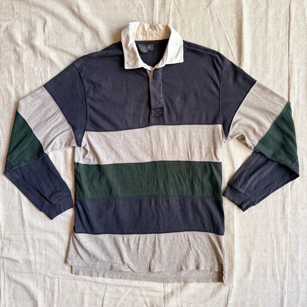 Vintage Van Heusen Rugby Shirt Men's M Faded Color Block 90's Heavy Cotton Navy
